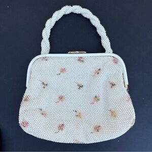 Vintage Corde Fully Beaded Floral Purse Handbag White With Pink Flowers